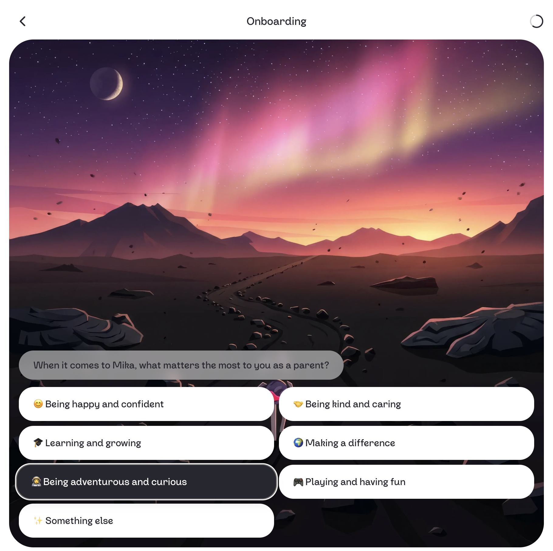 Interest selection screen
